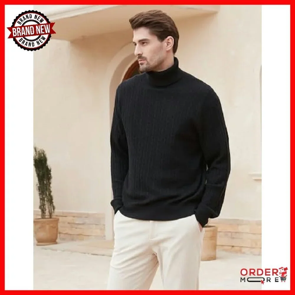 Men's Lightweight Wool Blend Cable-Knit Turtleneck Pullover Sweater